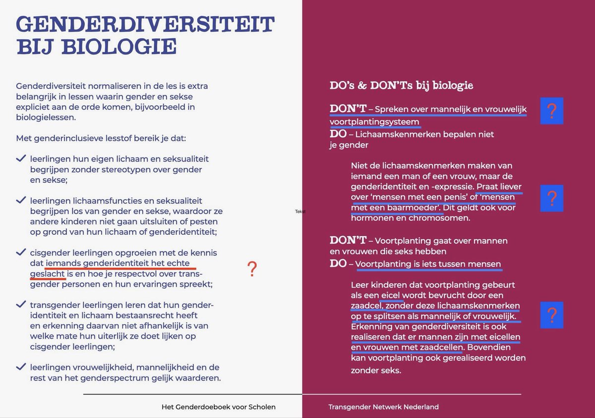 Dubbele pagina uit het Genderdoeboek voor Scholen van TNN: 'Genderdiversiteit bij biologie' met DO/DON'T-lijst voor biologiedocenten.